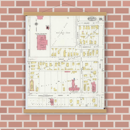 Old map wall art mockup — magnetic wood frame on brick wall — Sanborn Fire Insurance Map from Menominee, Menominee County, Michigan (1921), Sheet #0019