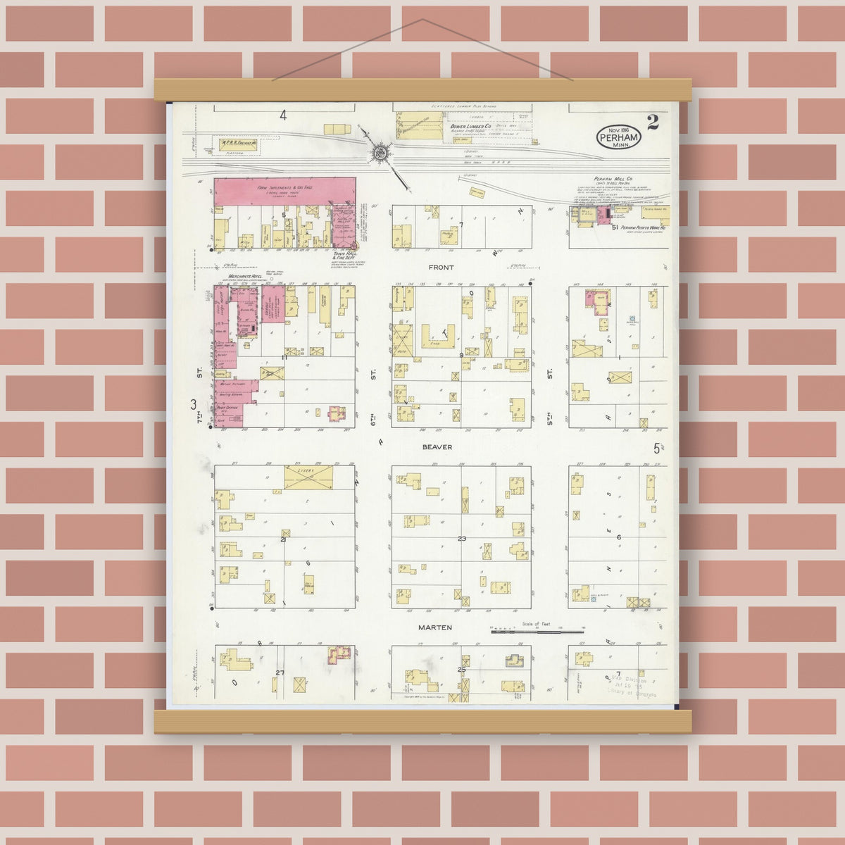 Old map wall art mockup — magnetic wood frame on brick wall — Sanborn Fire Insurance Map from Perham, Otter Tail County, Minnesota (1916), Sheet #0002