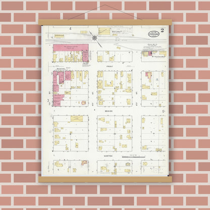 Old map wall art mockup — magnetic wood frame on brick wall — Sanborn Fire Insurance Map from Perham, Otter Tail County, Minnesota (1916), Sheet #0002