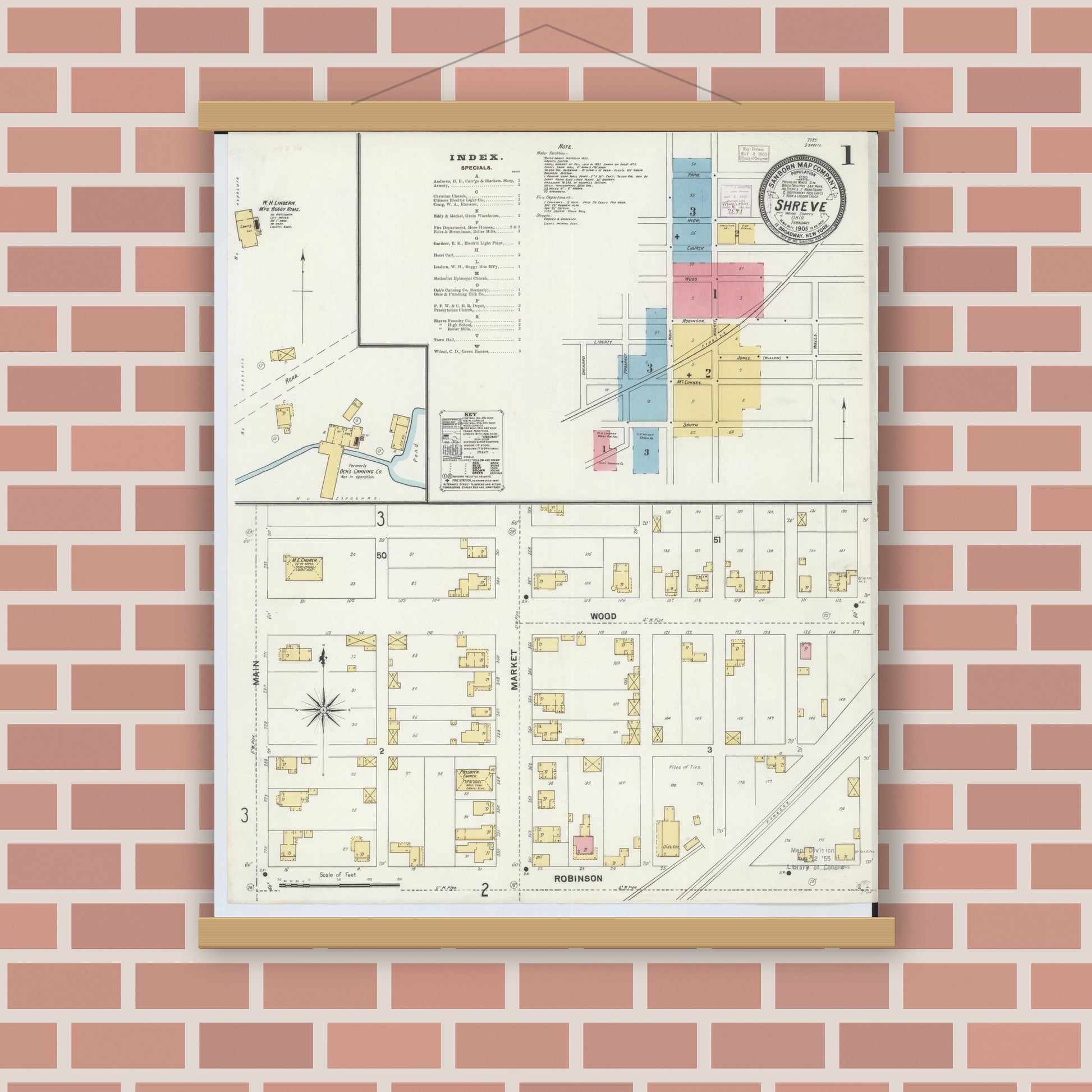 Old map wall art mockup — magnetic wood frame on brick wall — Sanborn Fire Insurance Map from Shreve, Wayne County, Ohio (1905), Sheet #0001
