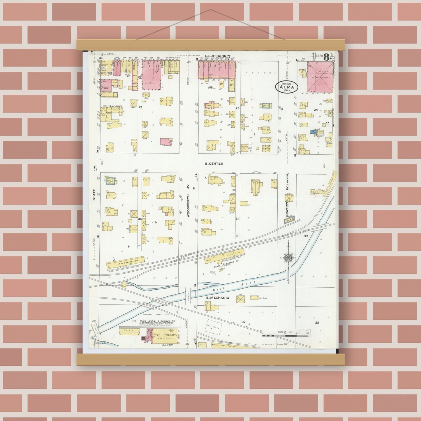 Old map wall art mockup — magnetic wood frame on brick wall — Sanborn Fire Insurance Map from Alma, Gratiot County, Michigan (1910), Sheet #0008