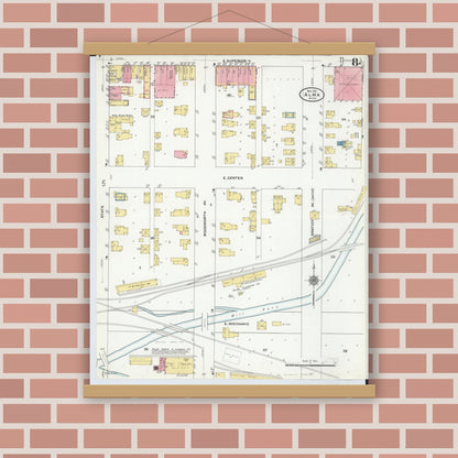 Old map wall art mockup — magnetic wood frame on brick wall — Sanborn Fire Insurance Map from Alma, Gratiot County, Michigan (1910), Sheet #0008
