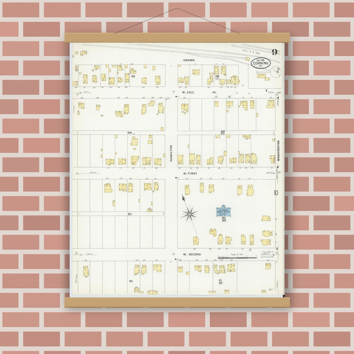 Old map wall art mockup — magnetic wood frame on brick wall — Sanborn Fire Insurance Map from Corning, Steuben County, New York (1908), Sheet #0009