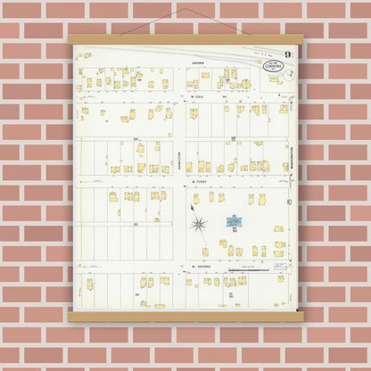 Old map wall art mockup — magnetic wood frame on brick wall — Sanborn Fire Insurance Map from Corning, Steuben County, New York (1908), Sheet #0009