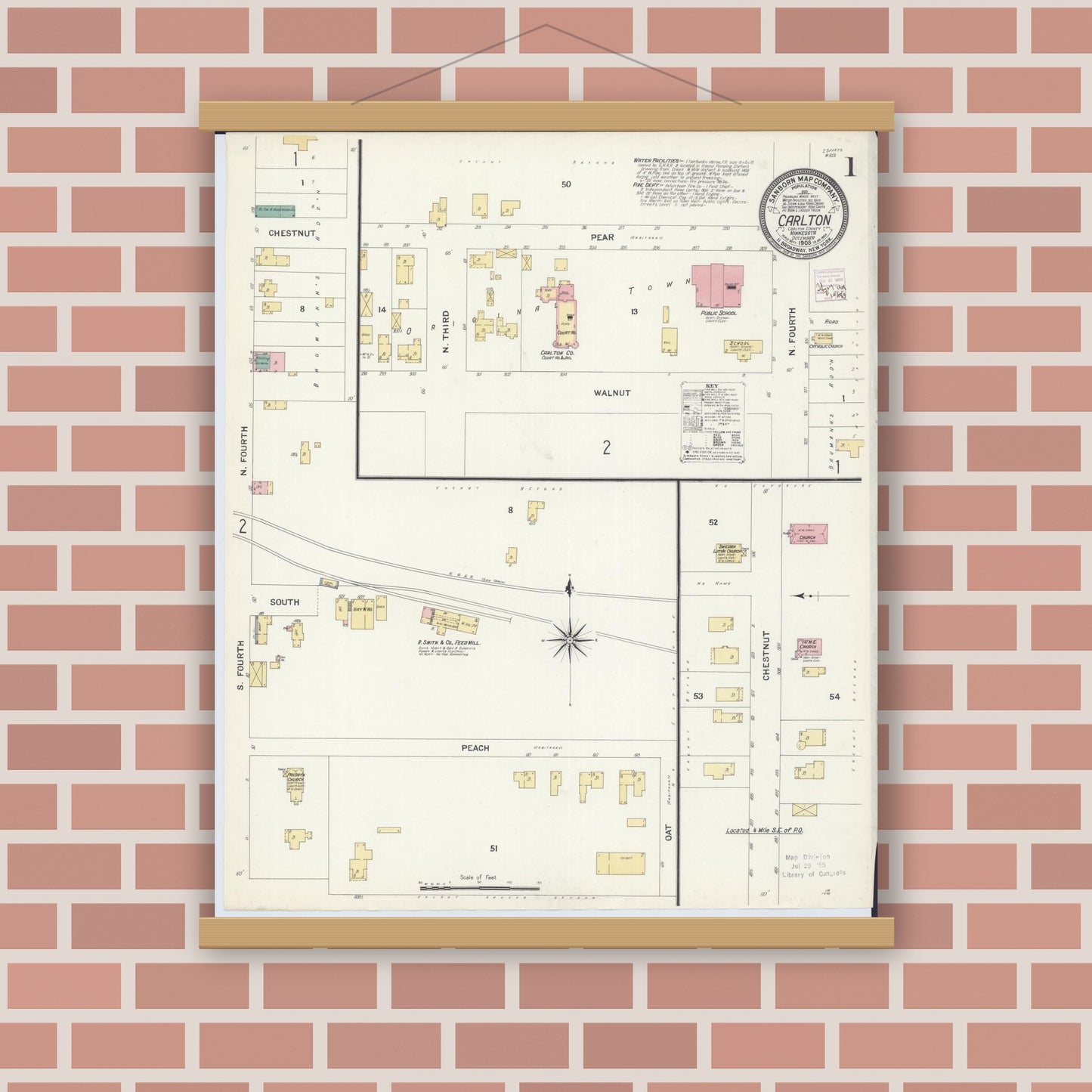 Old map wall art mockup — magnetic wood frame on brick wall — Sanborn Fire Insurance Map from Carlton, Carlton County, Minnesota (1908) - Complete Map Set