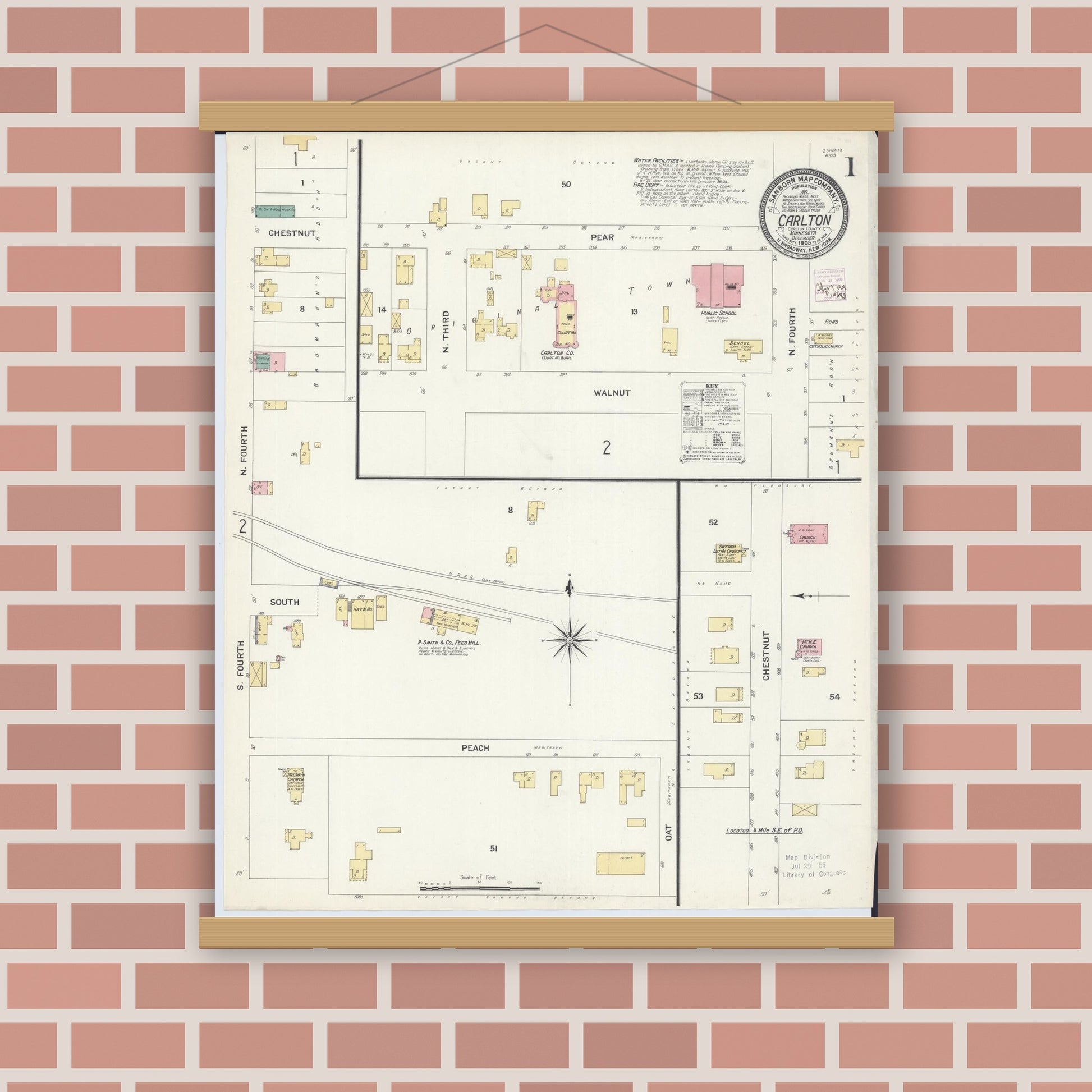 Old map wall art mockup — magnetic wood frame on brick wall — Sanborn Fire Insurance Map from Carlton, Carlton County, Minnesota (1908) - Complete Map Set