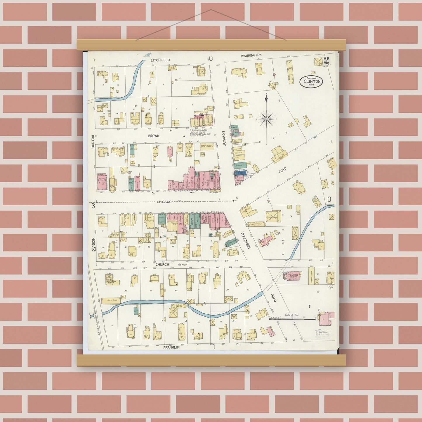 Old map wall art mockup — magnetic wood frame on brick wall — Sanborn Fire Insurance Map from Clinton, Lenawee County, Michigan (1907), Sheet #0002