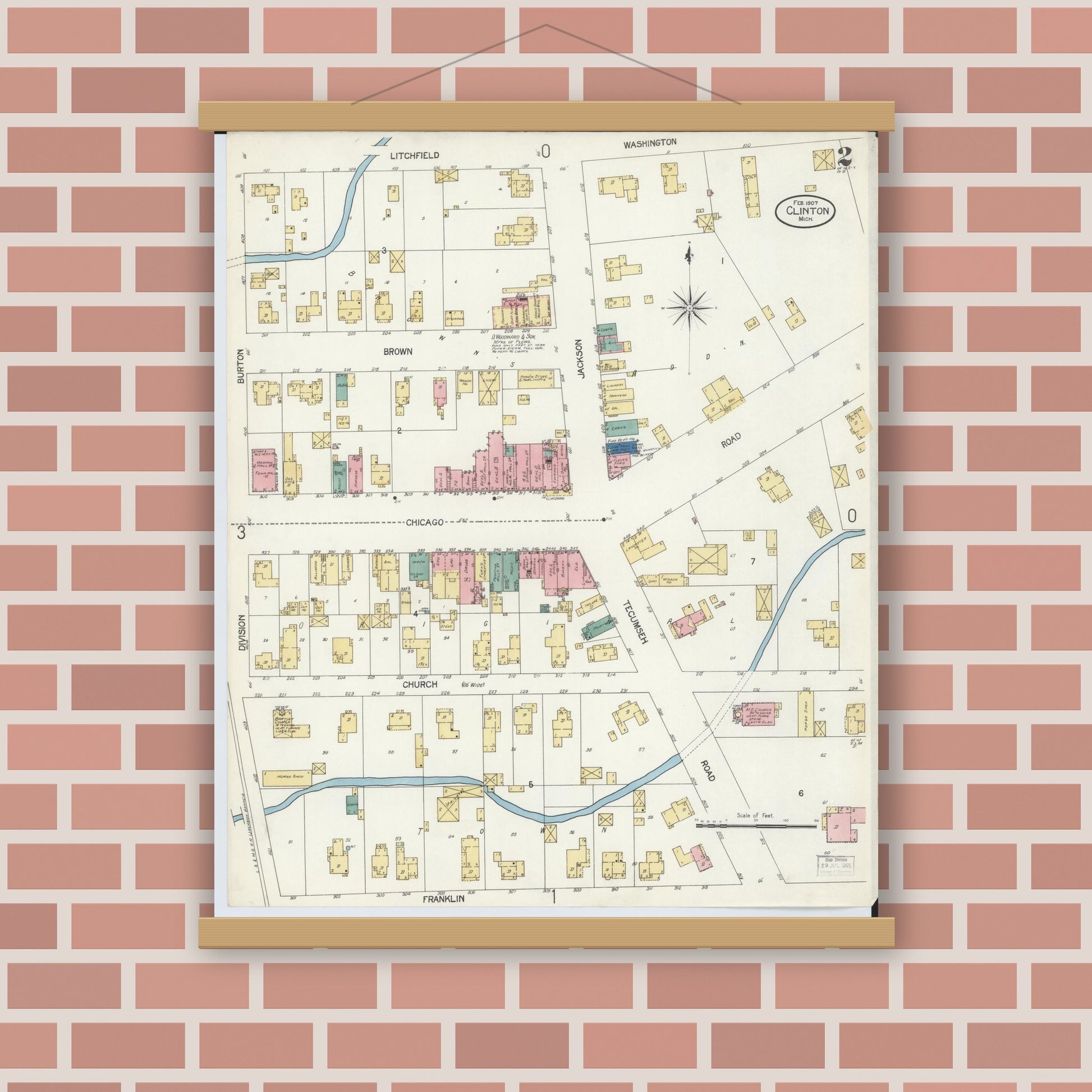 Old map wall art mockup — magnetic wood frame on brick wall — Sanborn Fire Insurance Map from Clinton, Lenawee County, Michigan (1907), Sheet #0002
