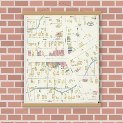 Old map wall art mockup — magnetic wood frame on brick wall — Sanborn Fire Insurance Map from Clinton, Lenawee County, Michigan (1907), Sheet #0002