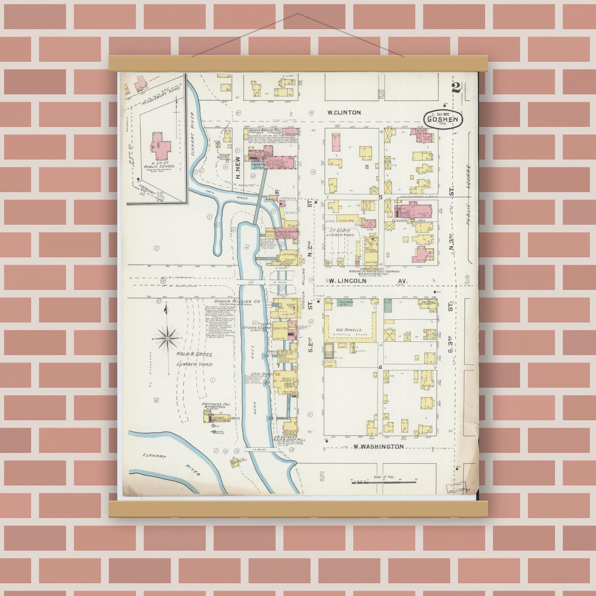 Old map wall art mockup — magnetic wood frame on brick wall — Sanborn Fire Insurance Map from Goshen, Elkhart County, Indiana (1892), Sheet #0002