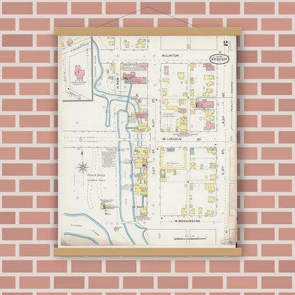 Old map wall art mockup — magnetic wood frame on brick wall — Sanborn Fire Insurance Map from Goshen, Elkhart County, Indiana (1892), Sheet #0002
