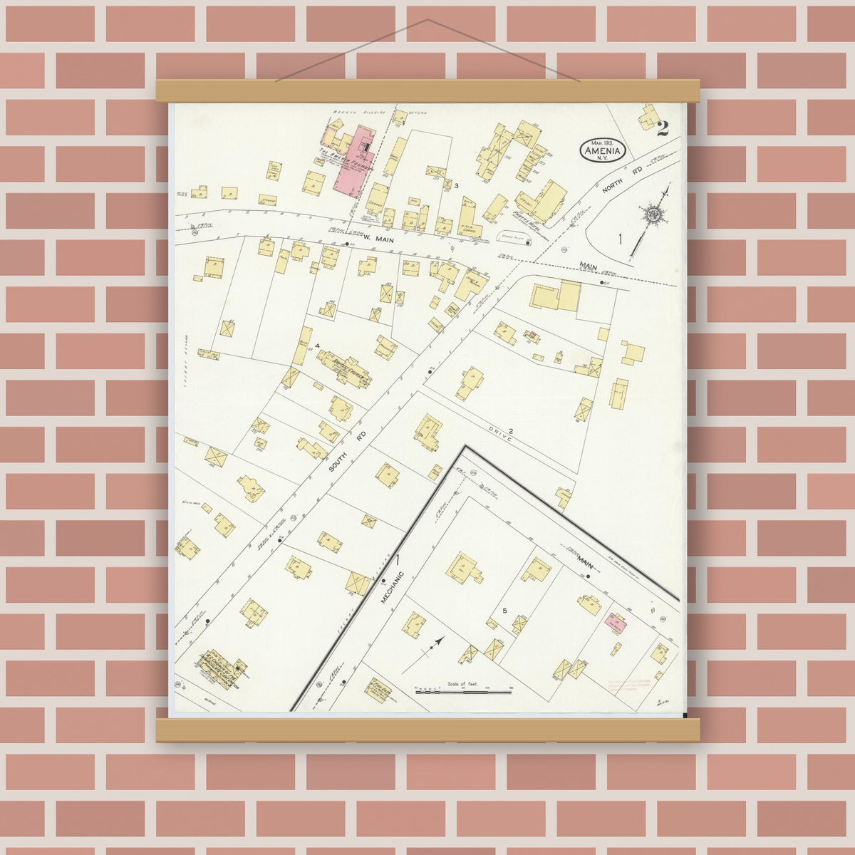 Old map wall art mockup — magnetic wood frame on brick wall — Sanborn Fire Insurance Map from Amenia, Dutchess County, New York (1913), Sheet #0002