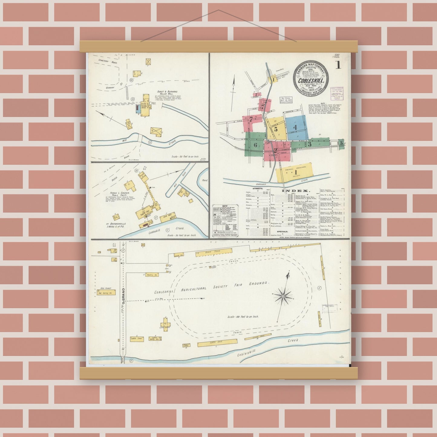 Old map wall art mockup — magnetic wood frame on brick wall — Sanborn Fire Insurance Map from Cobleskill, Schoharie County, New York (1904), Sheet #0001