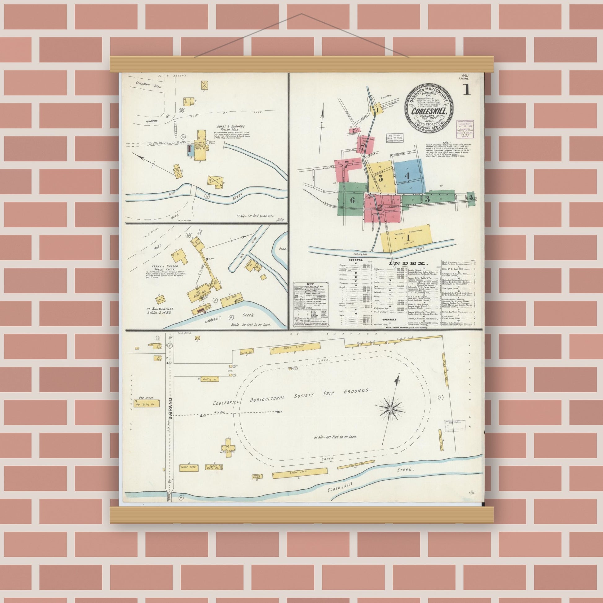 Old map wall art mockup — magnetic wood frame on brick wall — Sanborn Fire Insurance Map from Cobleskill, Schoharie County, New York (1904), Sheet #0001
