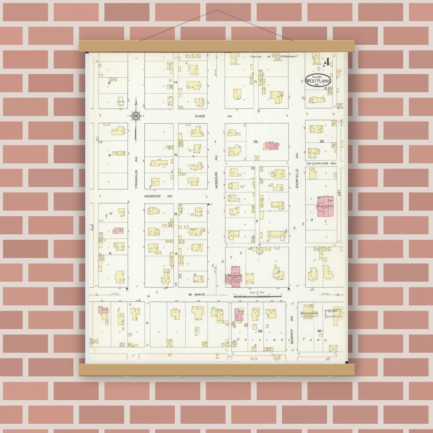 Old map wall art mockup — magnetic wood frame on brick wall — Sanborn Fire Insurance Map from West Plains, Howell County, Missouri (1914), Sheet #0004