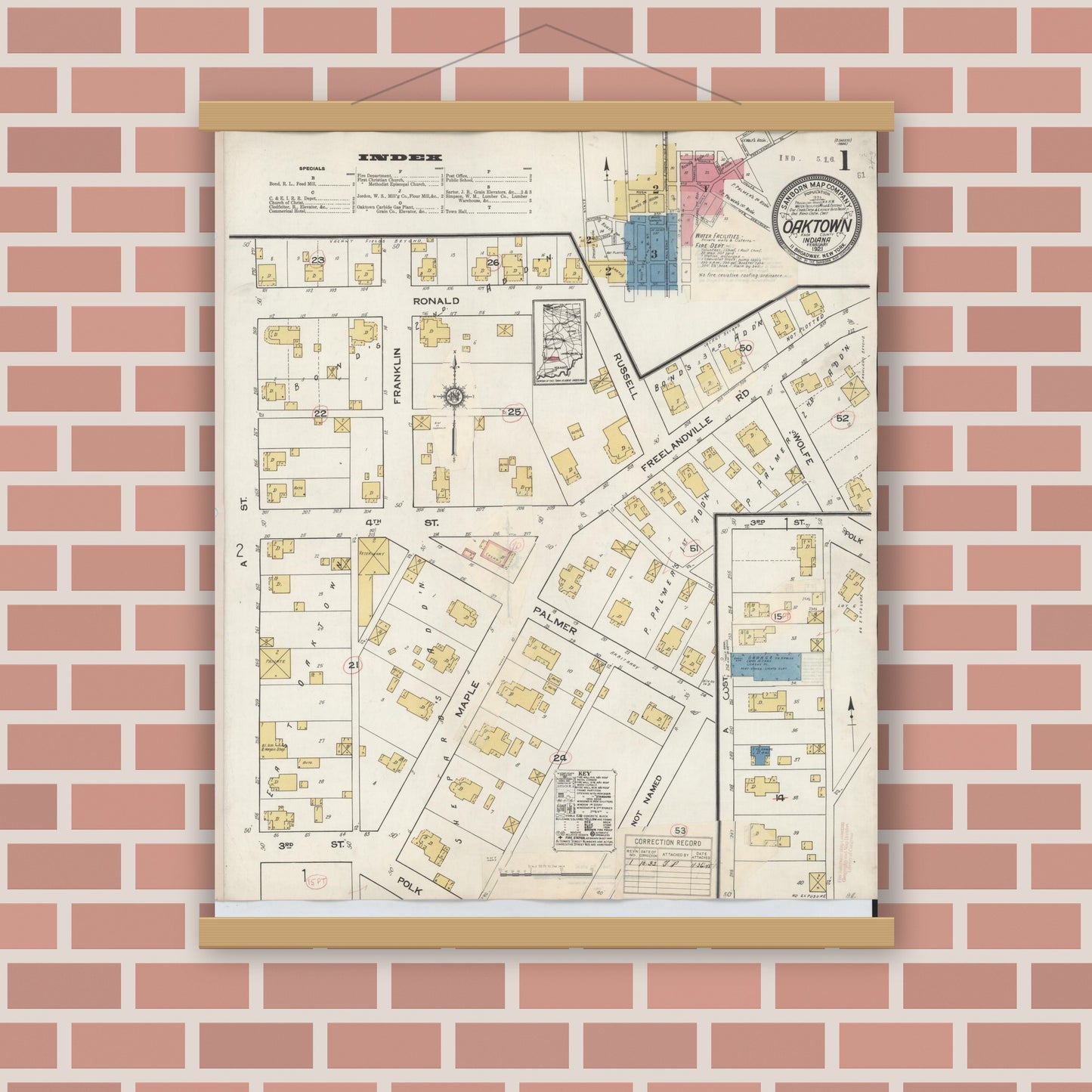 Old map wall art mockup — magnetic wood frame on brick wall — Sanborn Fire Insurance Map from Oaktown, Knox County, Indiana (1932) - Complete Map Set