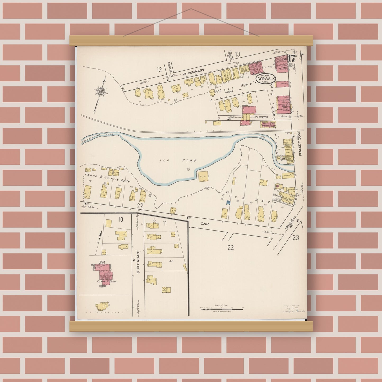 Old map wall art mockup — magnetic wood frame on brick wall — Sanborn Fire Insurance Map from Norwalk, Huron County, Ohio (1922), Sheet #0017