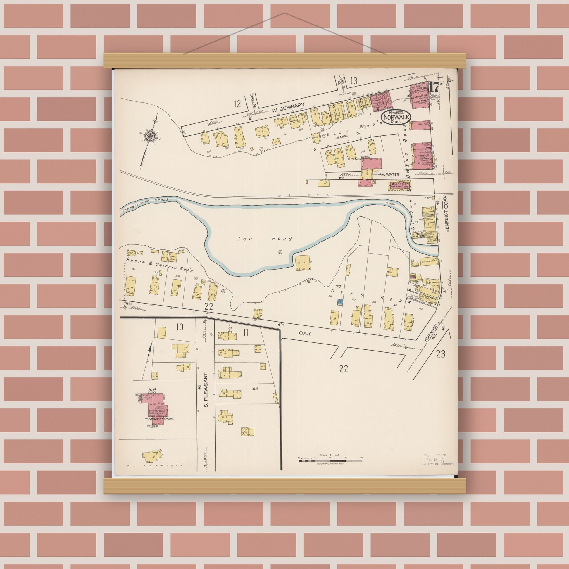 Old map wall art mockup — magnetic wood frame on brick wall — Sanborn Fire Insurance Map from Norwalk, Huron County, Ohio (1922), Sheet #0017