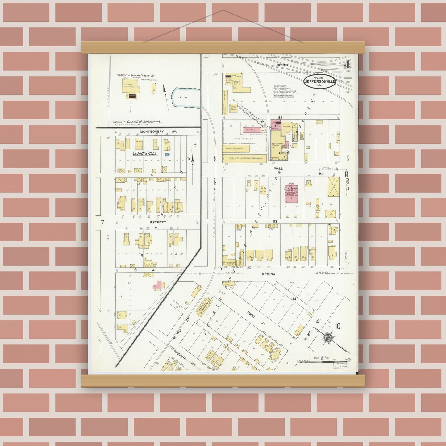Old map wall art mockup — magnetic wood frame on brick wall — Sanborn Fire Insurance Map from Jeffersonville, Clark County, Indiana (1911), Sheet #0004