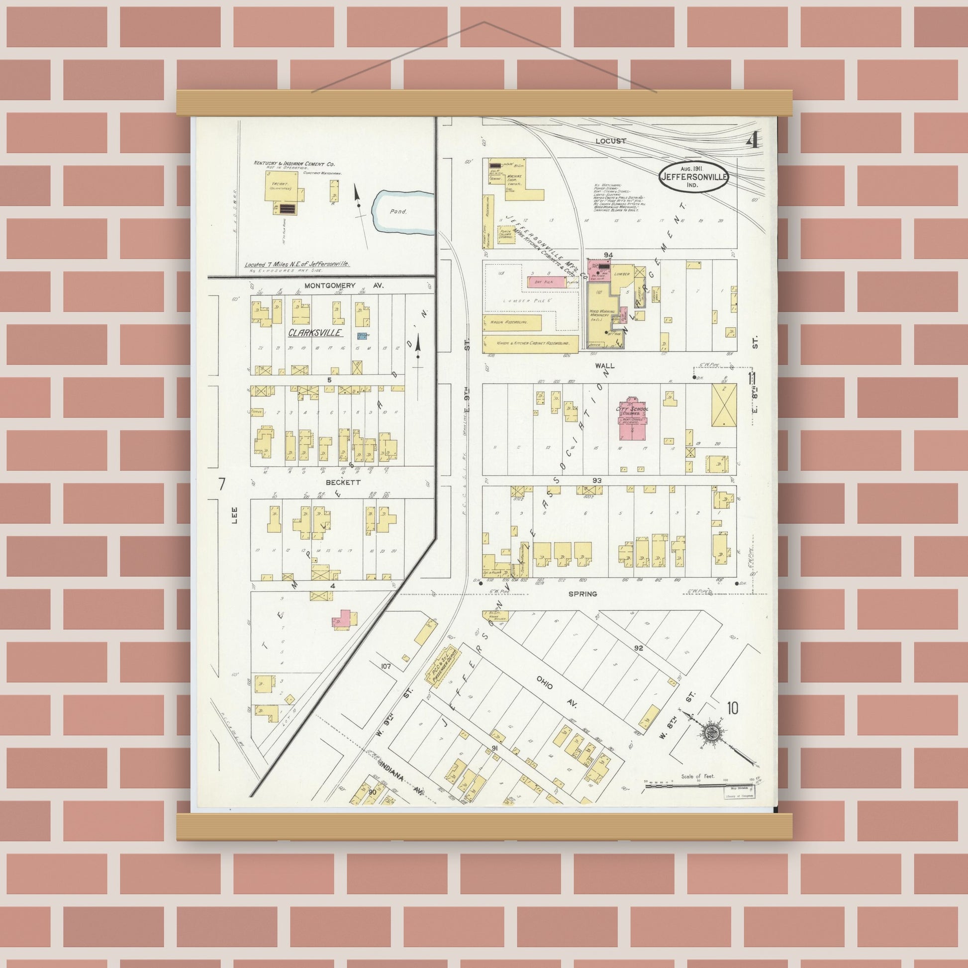 Old map wall art mockup — magnetic wood frame on brick wall — Sanborn Fire Insurance Map from Jeffersonville, Clark County, Indiana (1911), Sheet #0004