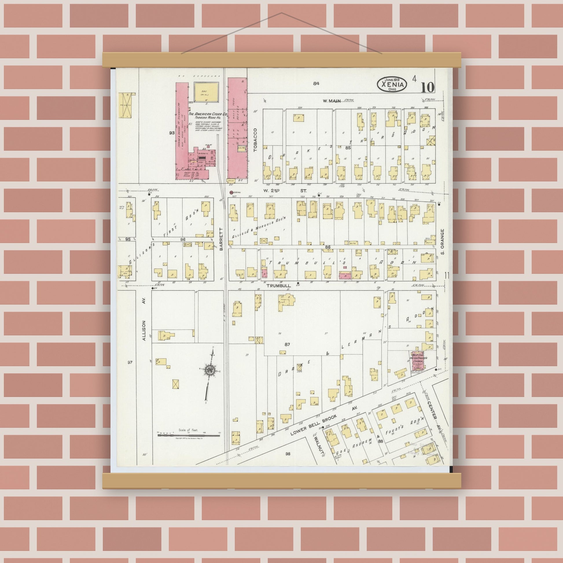 Old map wall art mockup — magnetic wood frame on brick wall — Sanborn Fire Insurance Map from Xenia, Greene County, Ohio (1919), Sheet #0010