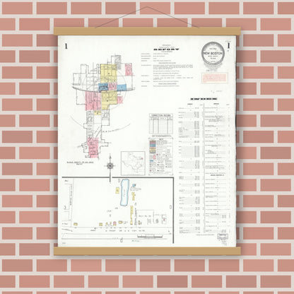 Old map wall art mockup — magnetic wood frame on brick wall — Sanborn Fire Insurance Map from New Boston, Bowie County, Texas (1952), Sheet #0001