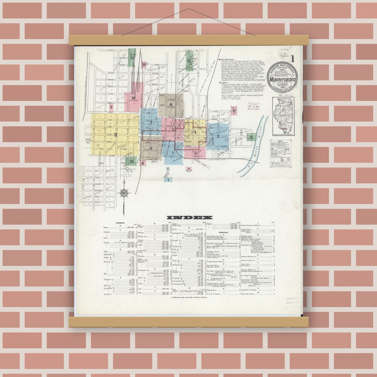 Old map wall art mockup — magnetic wood frame on brick wall — Sanborn Fire Insurance Map from Murphysboro, Jackson County, Illinois (1914), Sheet #0001