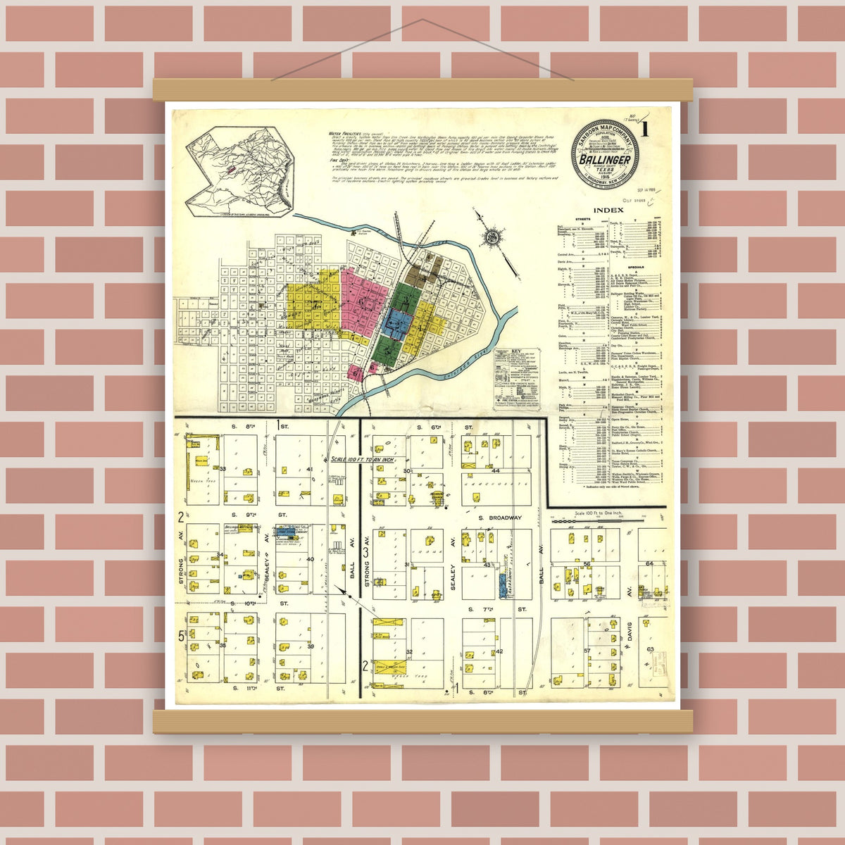 Old map wall art mockup — magnetic wood frame on brick wall — Sanborn Fire Insurance Map from Ballinger, Runnels County, Texas (1915), Sheet #0001