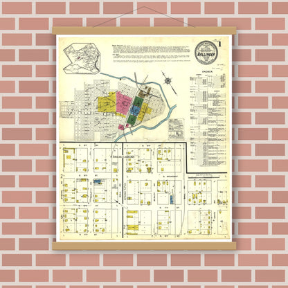 Old map wall art mockup — magnetic wood frame on brick wall — Sanborn Fire Insurance Map from Ballinger, Runnels County, Texas (1915), Sheet #0001