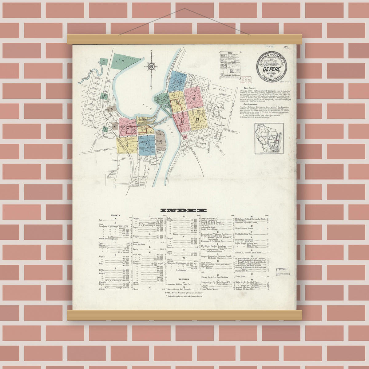 Old map wall art mockup — magnetic wood frame on brick wall — Sanborn Fire Insurance Map from De Pere, Brown County, Wisconsin (1914) - Complete Map Set