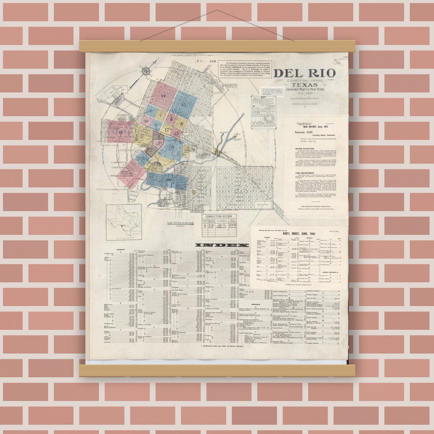 Old map wall art mockup — magnetic wood frame on brick wall — Sanborn Fire Insurance Map from Del Rio, Val Verde County, Texas (1948), Sheet #0001