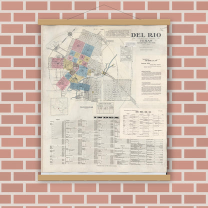 Old map wall art mockup — magnetic wood frame on brick wall — Sanborn Fire Insurance Map from Del Rio, Val Verde County, Texas (1948), Sheet #0001