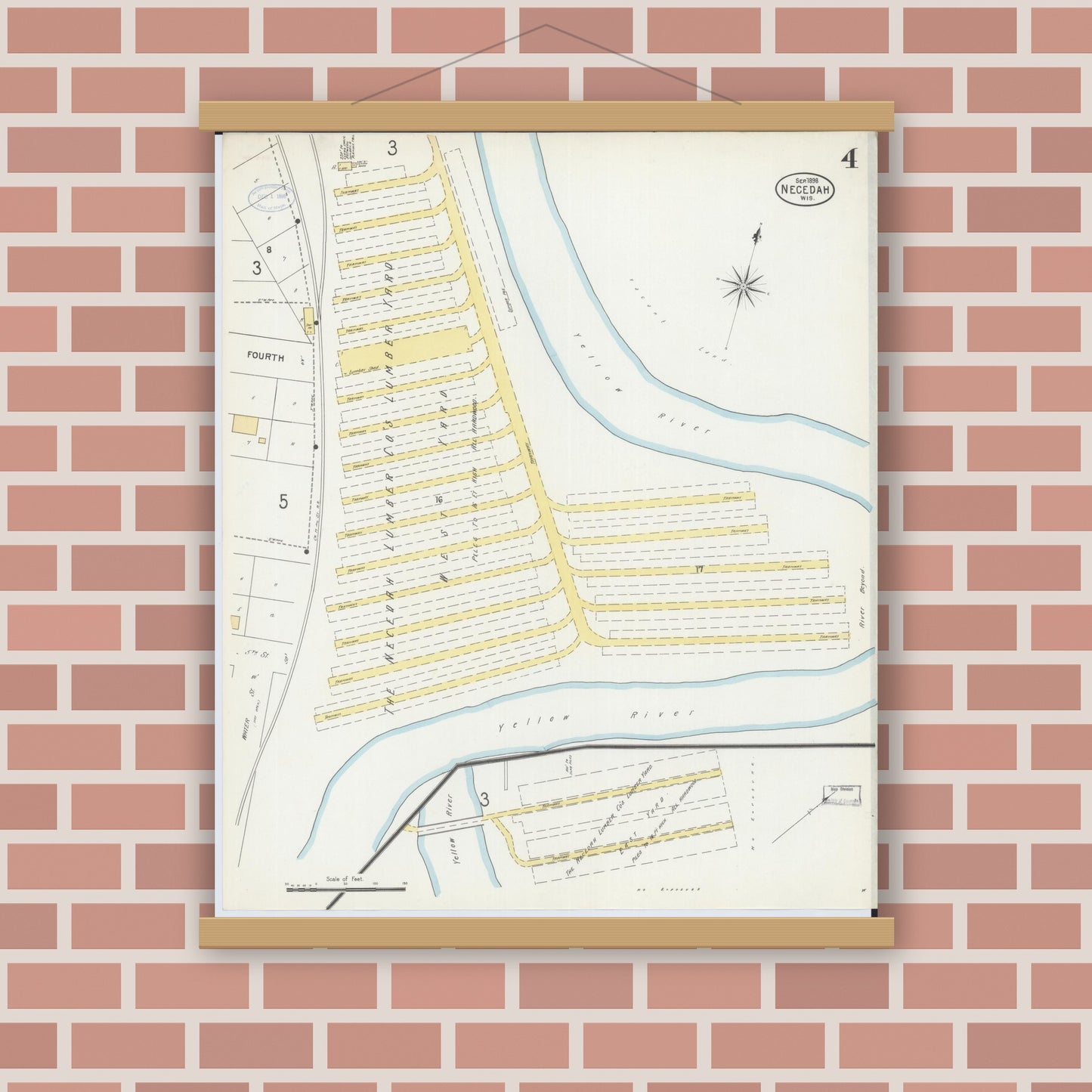 Old map wall art mockup — magnetic wood frame on brick wall — Sanborn Fire Insurance Map from Necedah, Juneau County, Wisconsin (1898), Sheet #0004