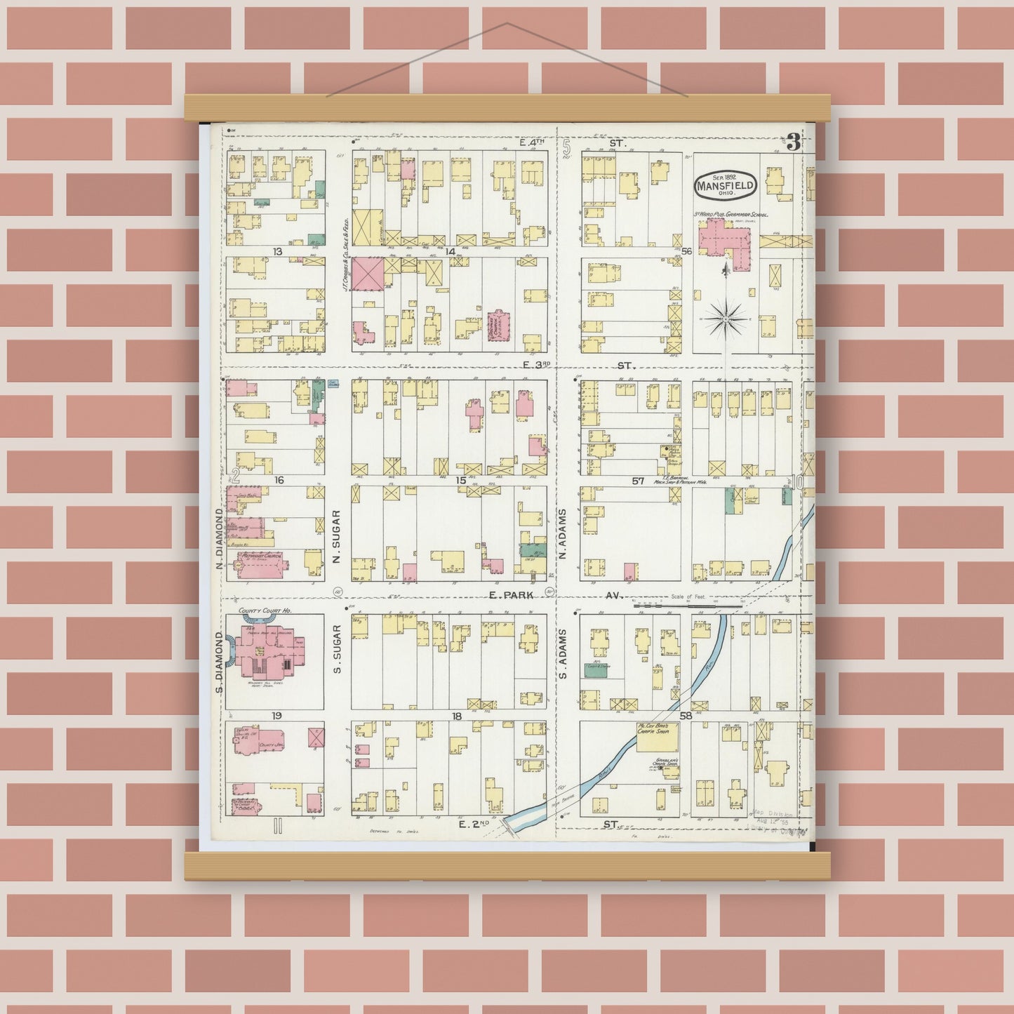 Old map wall art mockup — magnetic wood frame on brick wall — Sanborn Fire Insurance Map from Mansfield, Richland County, Ohio (1892), Sheet #0003