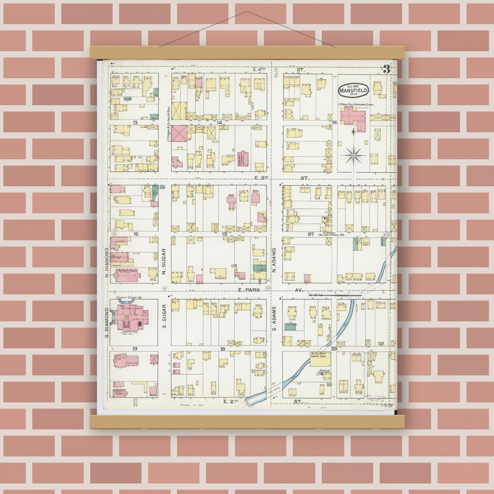 Old map wall art mockup — magnetic wood frame on brick wall — Sanborn Fire Insurance Map from Mansfield, Richland County, Ohio (1892), Sheet #0003