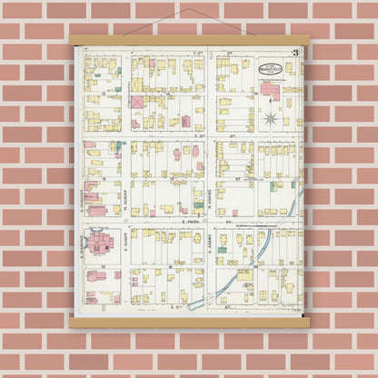 Old map wall art mockup — magnetic wood frame on brick wall — Sanborn Fire Insurance Map from Mansfield, Richland County, Ohio (1892), Sheet #0003