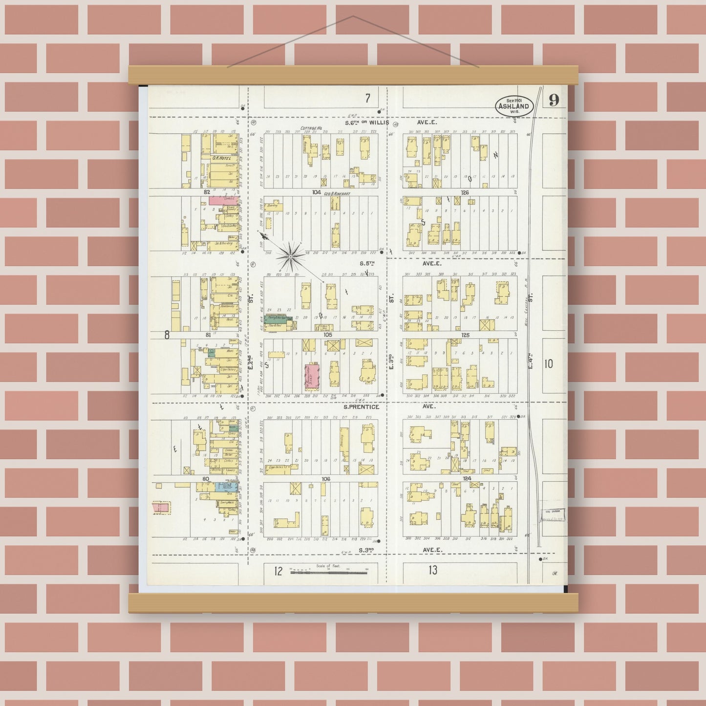 Old map wall art mockup — magnetic wood frame on brick wall — Sanborn Fire Insurance Map from Ashland, Ashland County, Wisconsin (1901), Sheet #0009
