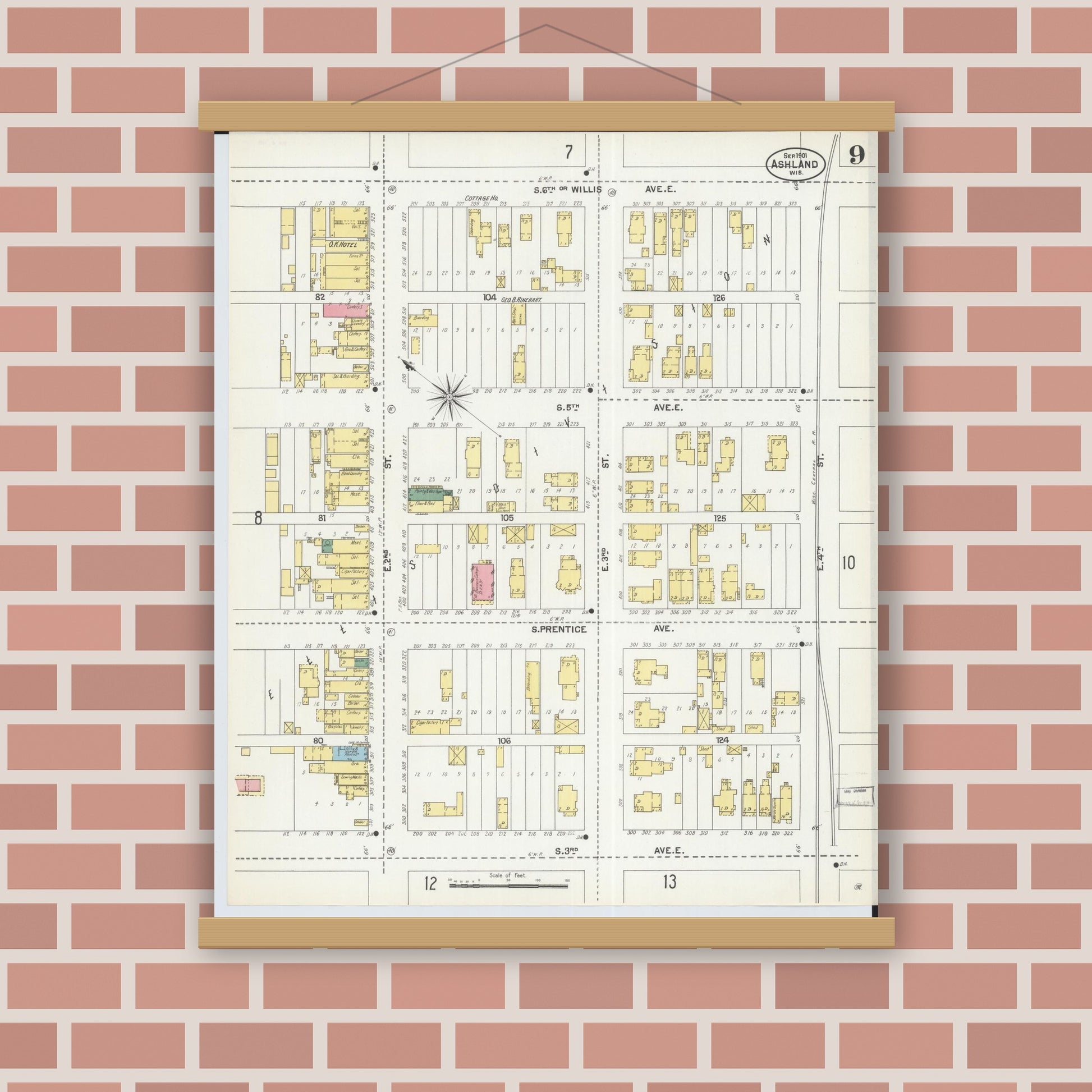 Old map wall art mockup — magnetic wood frame on brick wall — Sanborn Fire Insurance Map from Ashland, Ashland County, Wisconsin (1901), Sheet #0009