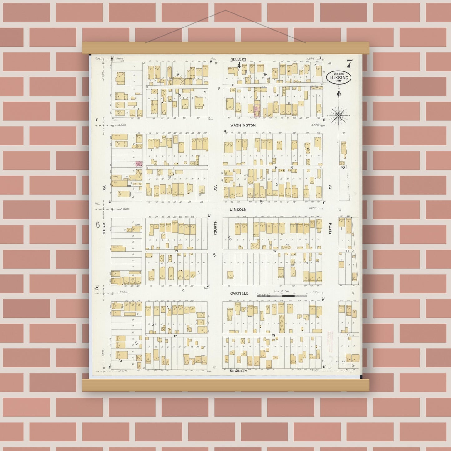 Old map wall art mockup — magnetic wood frame on brick wall — Sanborn Fire Insurance Map from Hibbing, Saint Louis County, Minnesota (1908), Sheet #0007