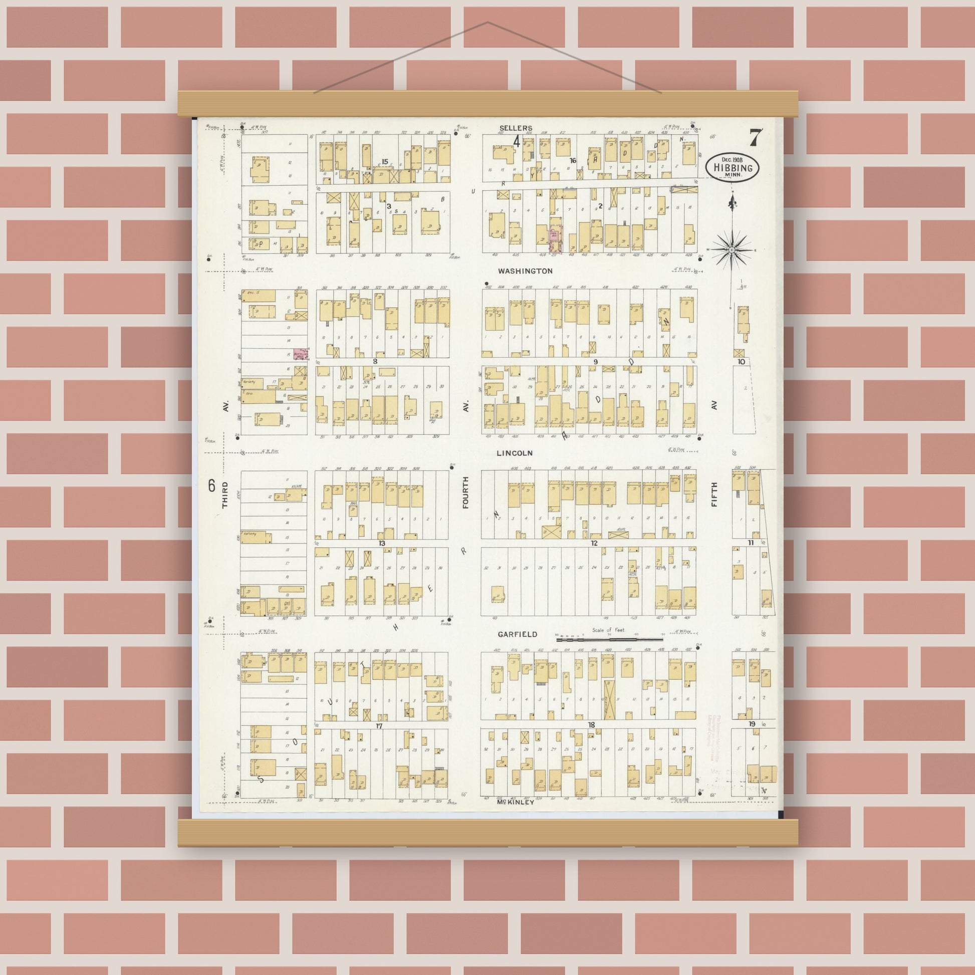 Old map wall art mockup — magnetic wood frame on brick wall — Sanborn Fire Insurance Map from Hibbing, Saint Louis County, Minnesota (1908), Sheet #0007