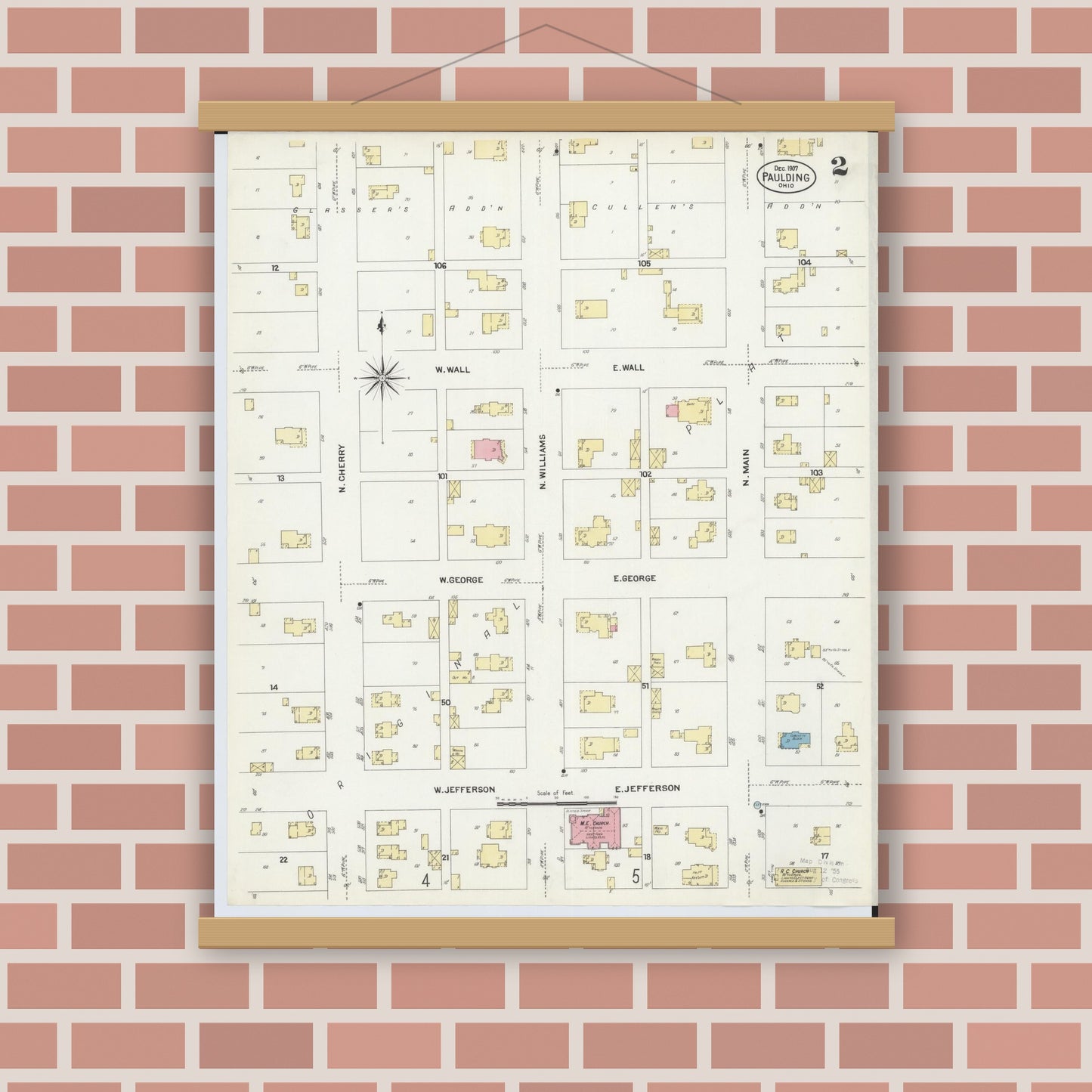 Old map wall art mockup — magnetic wood frame on brick wall — Sanborn Fire Insurance Map from Paulding, Paulding County, Ohio (1907), Sheet #0002