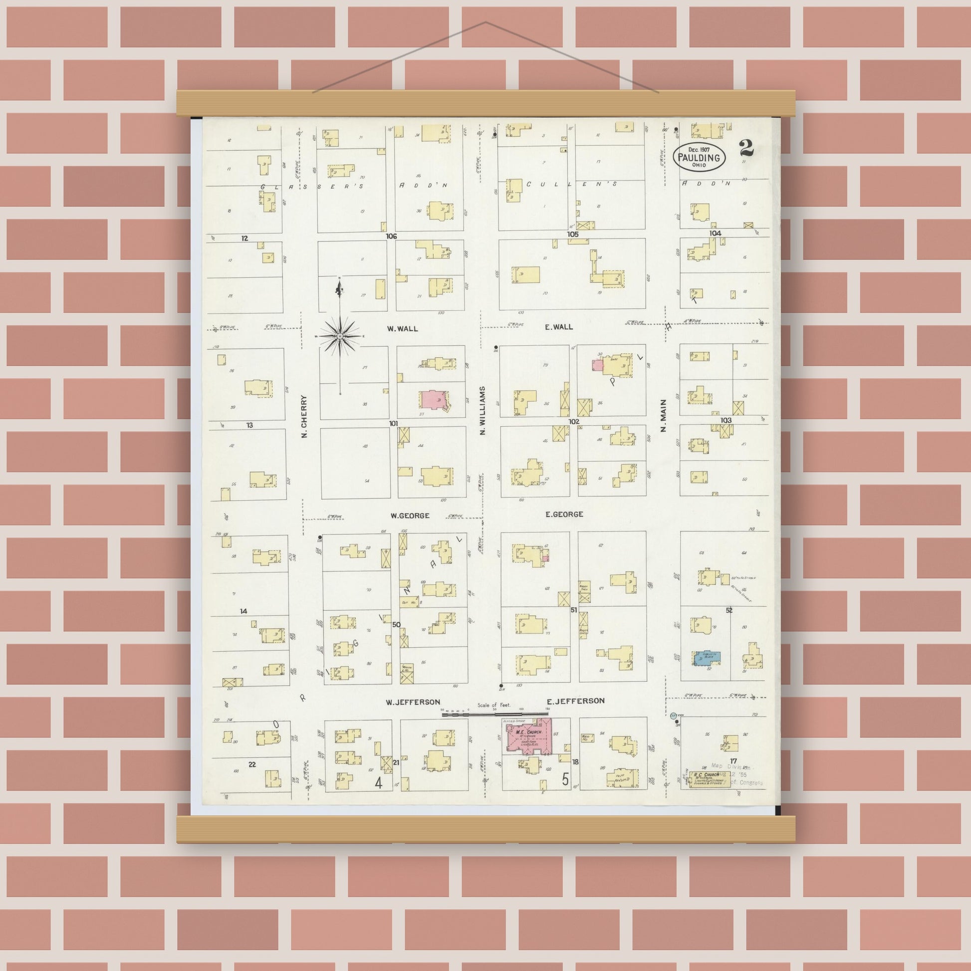 Old map wall art mockup — magnetic wood frame on brick wall — Sanborn Fire Insurance Map from Paulding, Paulding County, Ohio (1907), Sheet #0002
