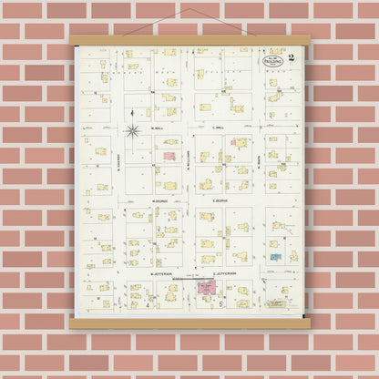 Old map wall art mockup — magnetic wood frame on brick wall — Sanborn Fire Insurance Map from Paulding, Paulding County, Ohio (1907), Sheet #0002