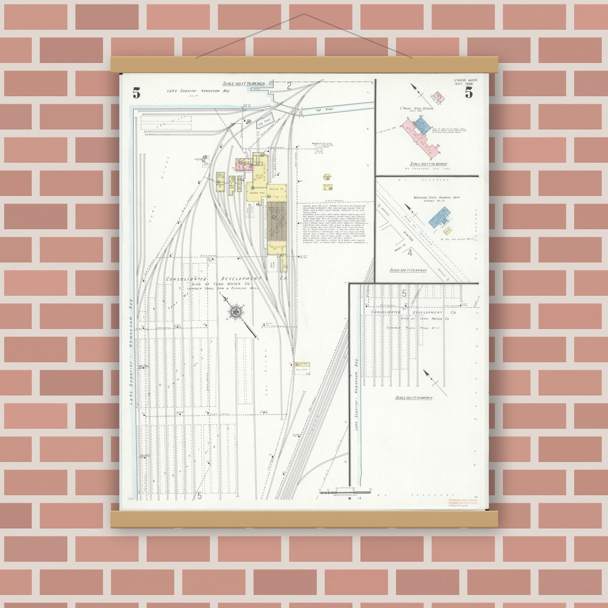 Old map wall art mockup — magnetic wood frame on brick wall — Sanborn Fire Insurance Map from L'Anse, Baraga County, Michigan (1938), Sheet #0005