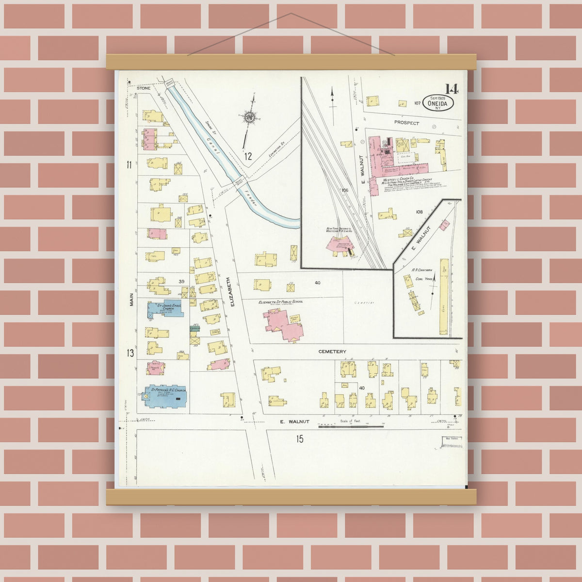 Old map wall art mockup — magnetic wood frame on brick wall — Sanborn Fire Insurance Map from Oneida, Madison County, New York (1909), Sheet #0014