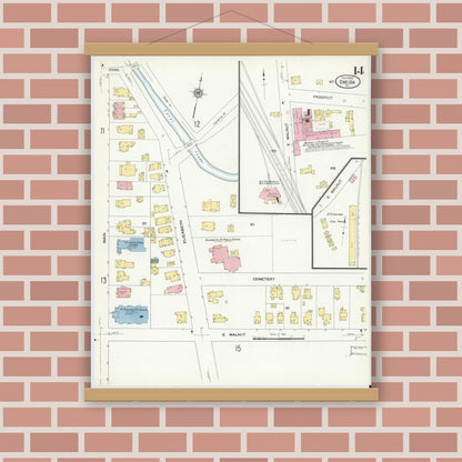 Old map wall art mockup — magnetic wood frame on brick wall — Sanborn Fire Insurance Map from Oneida, Madison County, New York (1909), Sheet #0014