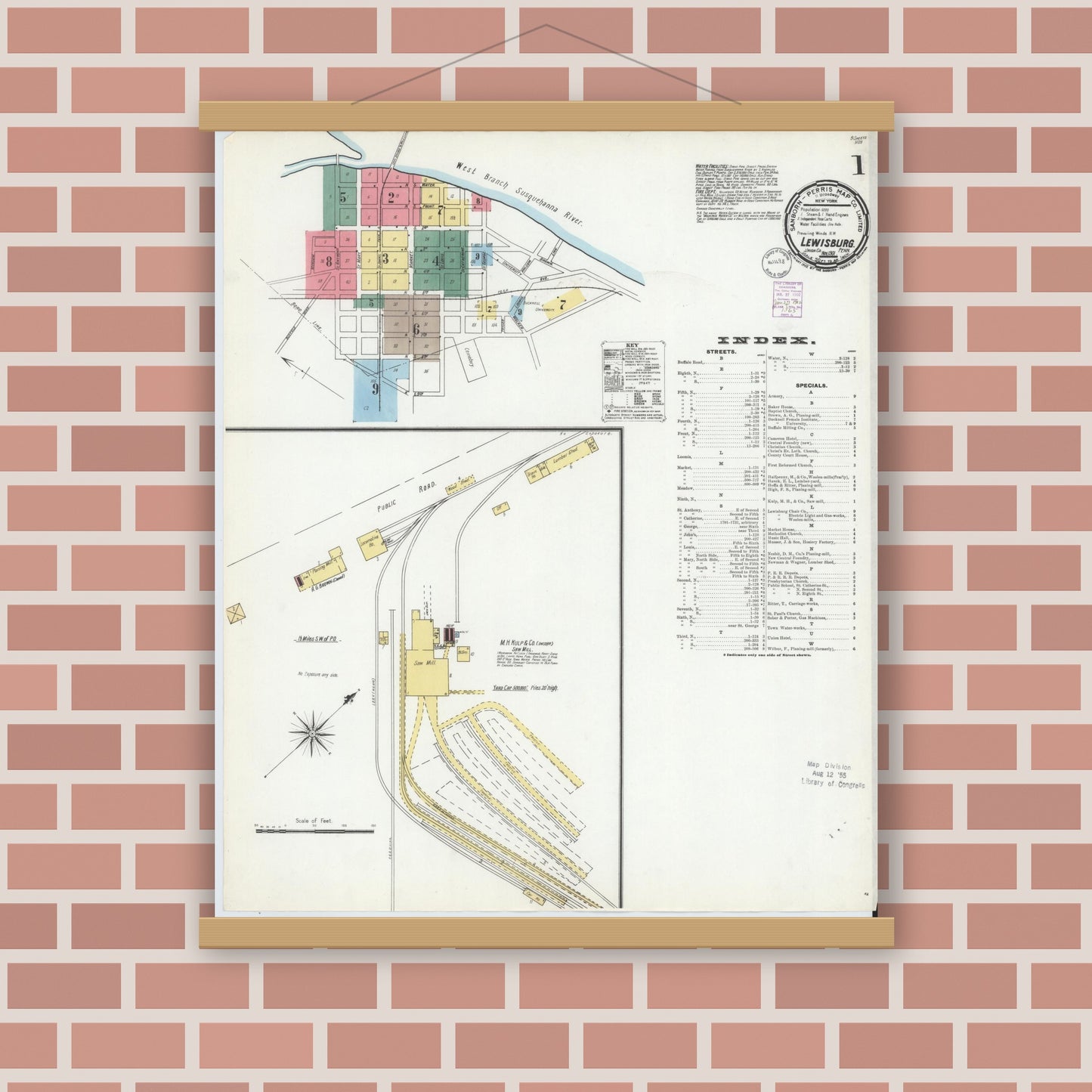 Old map wall art mockup — magnetic wood frame on brick wall — Sanborn Fire Insurance Map from Lewisburg, Union County, Pennsylvania (1901), Sheet #0001