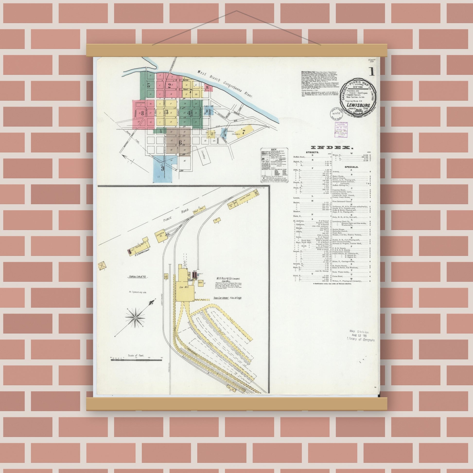 Old map wall art mockup — magnetic wood frame on brick wall — Sanborn Fire Insurance Map from Lewisburg, Union County, Pennsylvania (1901), Sheet #0001