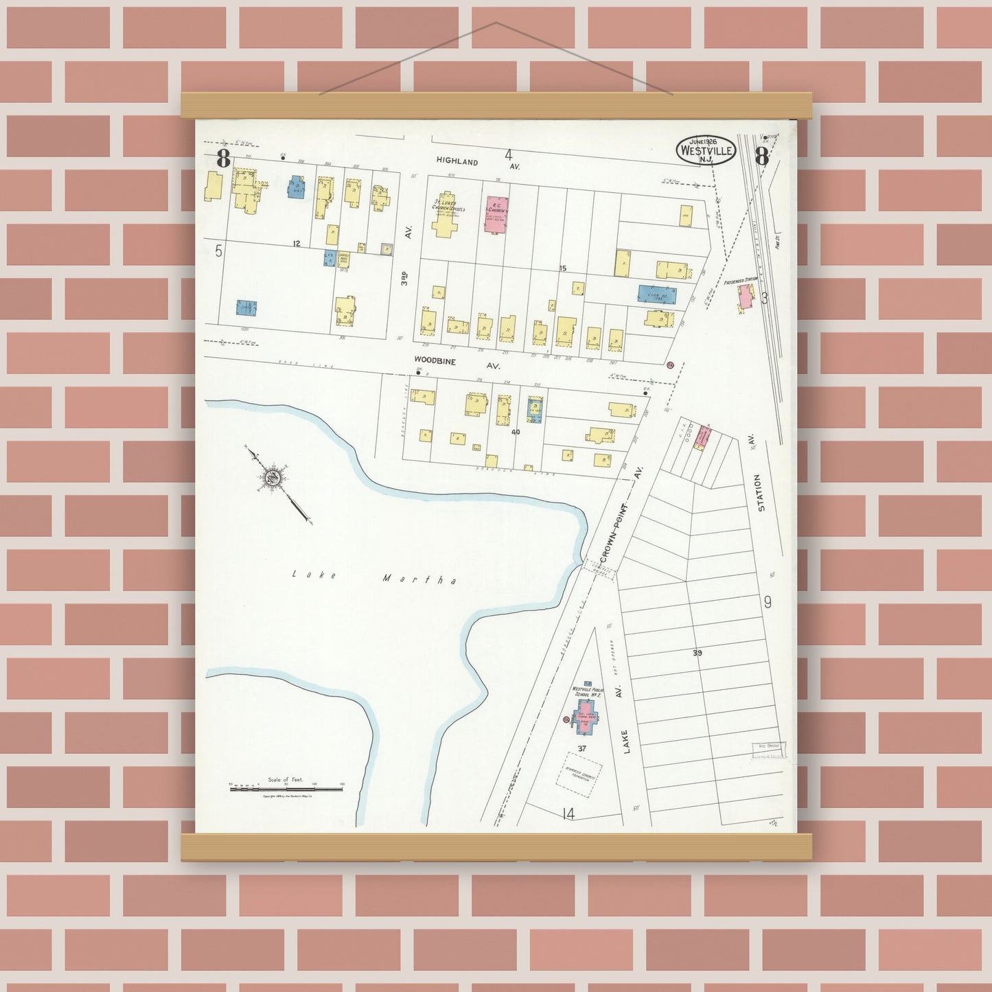 Old map wall art mockup — magnetic wood frame on brick wall — Sanborn Fire Insurance Map from Westville, Gloucester County, New Jersey (1926), Sheet #0008
