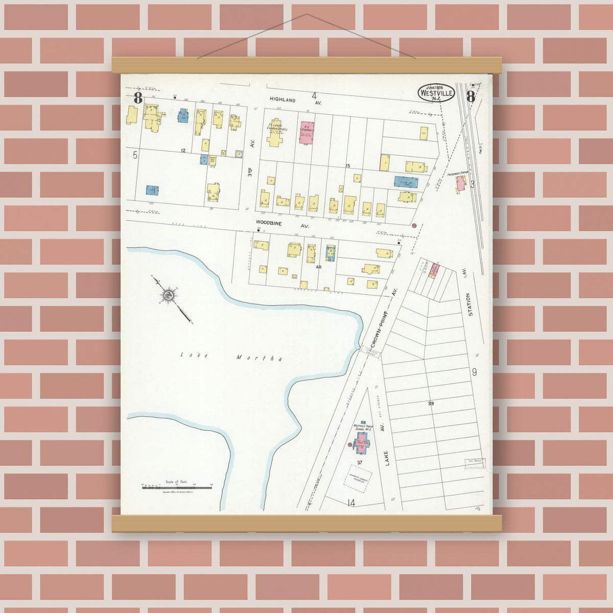 Old map wall art mockup — magnetic wood frame on brick wall — Sanborn Fire Insurance Map from Westville, Gloucester County, New Jersey (1926), Sheet #0008